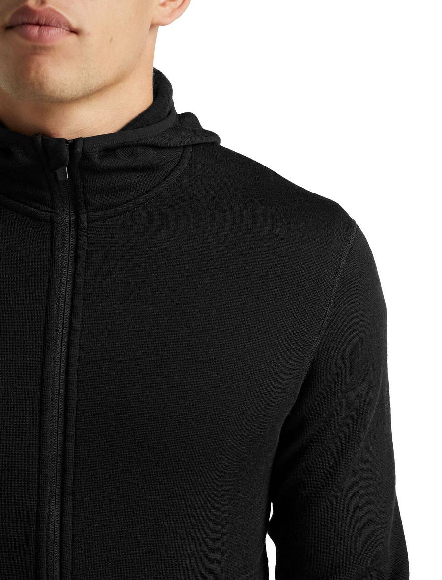 Black Men's Icebreaker RealFleece® Merino Elemental Long Sleeve Zip Hood Jackets | USA 1241VRWD